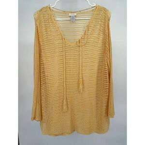 Chicos Yellow Open Knit V-Neck Tassel Tie Sweater Top Size 3 XL Boho Crochet